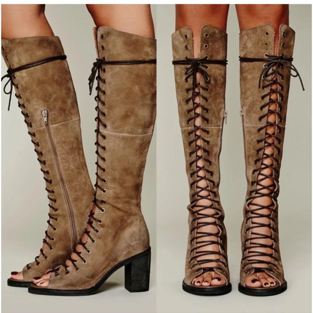 Free People x Jeffrey Campbell Perspective Tall Knee High Lace Up Boot 8.5